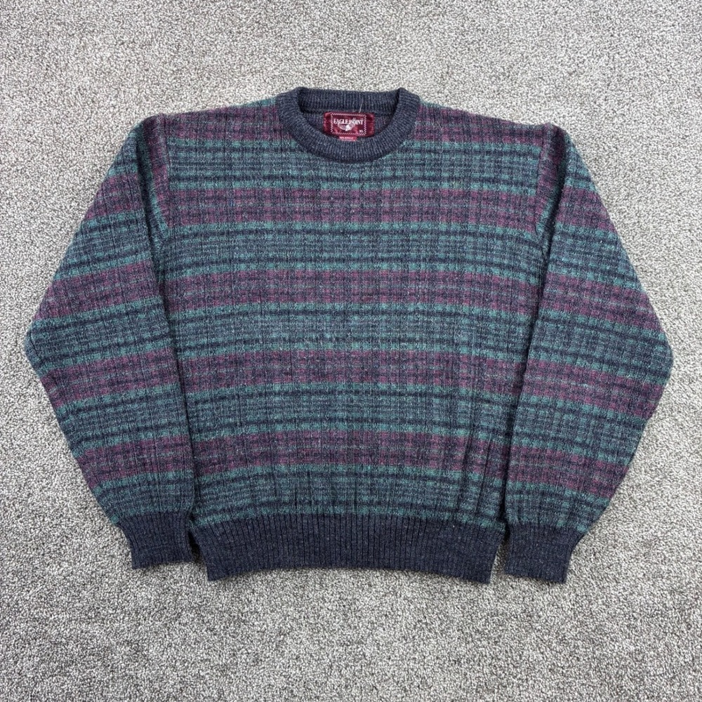 Vintage Eagle Point Sweater Mens XL Gray Green Purple Acrylic Textured Striped